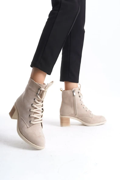 JET-LENA Bağcıklı Fermuarlı Ortopedik Taban Topuklu Süet Kadın Bot  STT - Ten ürün görseli