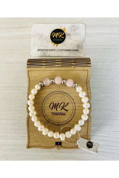 Gerçek Inci Bileklik - Pembe Kuvars Taşı | Özel Müşteri Kartlı - Resim 3