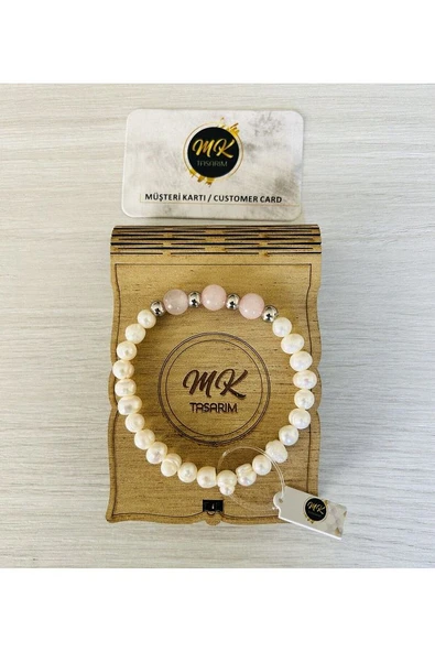 Gerçek Inci Bileklik - Pembe Kuvars Taşı | Özel Müşteri Kartlı - Resim 2
