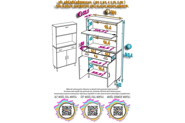 Modilayn VİO (100x163,4x32.5 cm) Çekmeceli, Kapaklı, Ekmeklikli. Mini/Midi Mikrodalga Mutfak Dolabı - Resim 5
