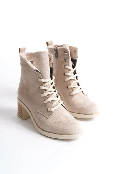 JET-LENA Bağcıklı Fermuarlı Ortopedik Taban Topuklu Süet Kadın Bot  STT - Ten - Resim 4