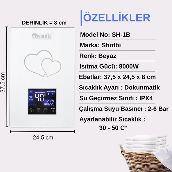 Shofbi SH-1B Dijital Akıllı Şofben (Elektrikli) Beyaz Kalp - 3