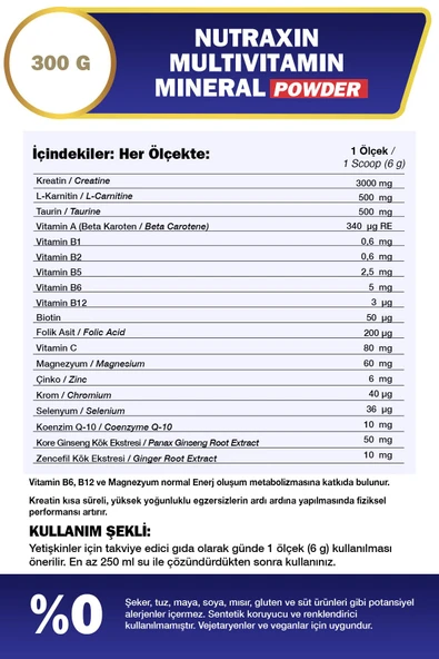 Multivitamin Mineral Powder 300 Gr Magnezyum, Taurin, Kreatin, L Carnitin, Ginseng, Co10, Energy - 3