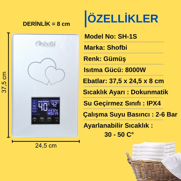 Shofbi SH-1S Dijital Akıllı Şofben (Elektrikli) Gümüş Kalp - 4