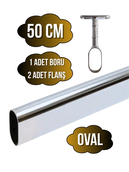 Metal Oval Krom Mobilya Dolap Askı Borusu(KROM)(OVAL)(2 ADET AYAKLI AÇIK FLANŞ-1 ADET BORU) Krom 50cm ürün görseli 1