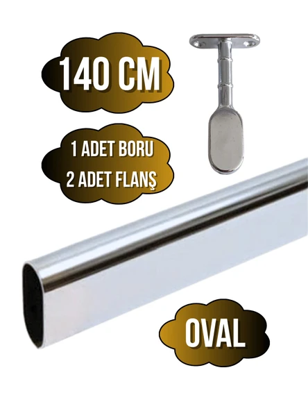 Metal Oval Krom Mobilya Dolap Askı Borusu(KROM)(OVAL)(2 ADET AYAKLI KAPALI FLANŞ-1 ADET BORU) Krom 140cm - 1