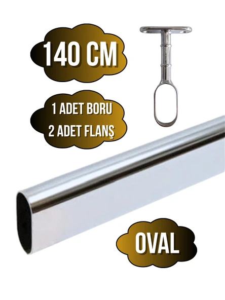 Metal Oval Krom Mobilya Dolap Askı Borusu(KROM)(OVAL)(2 ADET AYAKLI AÇIK FLANŞ-1 ADET BORU) Krom 140cm ürün görseli 1