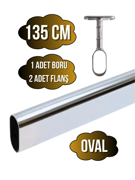 Metal Oval Krom Mobilya Dolap Askı Borusu(KROM)(OVAL)(2 ADET AYAKLI AÇIK FLANŞ-1 ADET BORU) Krom 135cm ürün görseli 1