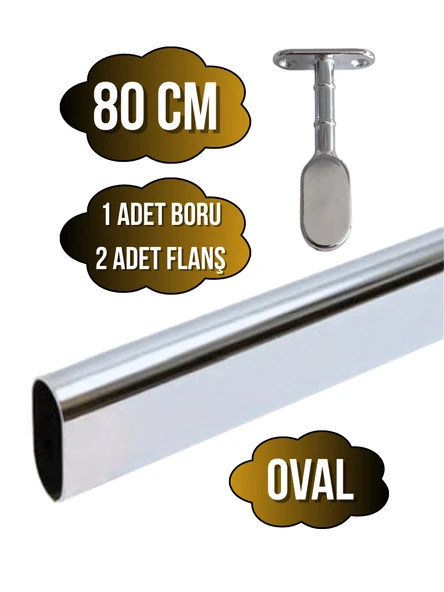 Metal Oval Krom Mobilya Dolap Askı Borusu(KROM)(OVAL)(2 ADET AYAKLI KAPALI FLANŞ-1 ADET BORU) Krom 80cm ürün görseli 1
