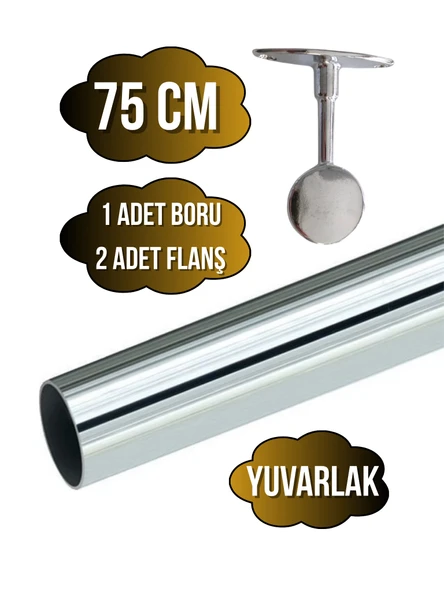 Metal Yuvarlak Krom Mobilya Askı Borusu(KROM)(2 ADET AYAKLI KAPALI FLANŞ-1 ADET BORU)(ÇAP:25MM) Krom 75cm ürün görseli 1