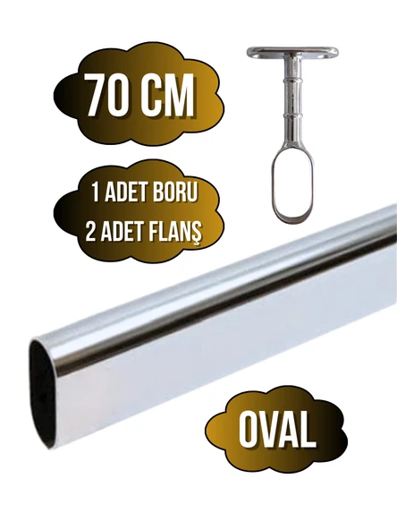 Metal Oval Krom Mobilya Dolap Askı Borusu(KROM)(OVAL)(2 ADET AYAKLI AÇIK FLANŞ-1 ADET BORU) Krom 70cm ürün görseli 1