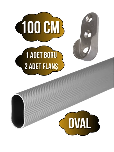 Alüminyum OVAL Dolap Mobilya Askı Borusu(2 ADET FLANŞ-1 ADET BORU)(ALÜMİNYUM) 100cm ürün görseli