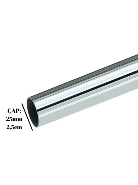 Metal Yuvarlak Krom Mobilya Dolap Askı Borusu(KROM)(2 ADET FLANŞ-1 ADET BORU)(ÇAP:25MM) Krom 125cm - 3