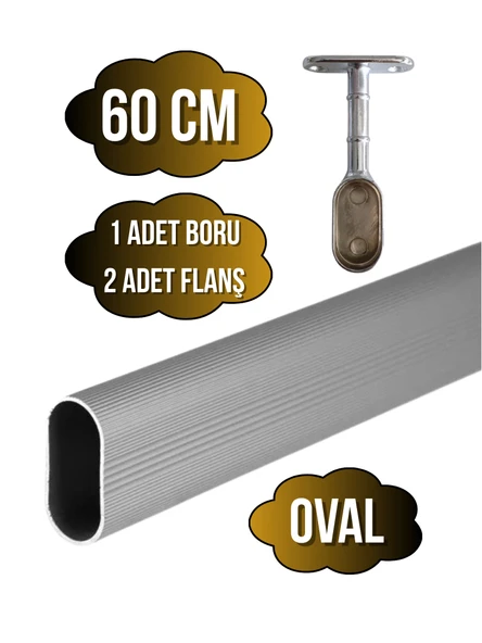 Alüminyum Oval Dolap Mobilya Askı Borusu(2 ADET AYAKLI KAPALI FLANŞ-1 ADET BORU)(EN:15MM BOY:25MM) 60cm - 1