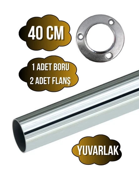 Metal Yuvarlak Krom Mobilya Dolap Askı Borusu(KROM)(2 ADET YUVARLAK FLANŞ-1 ADET BORU)(ÇAP:25MM) Krom 40cm ürün görseli 1