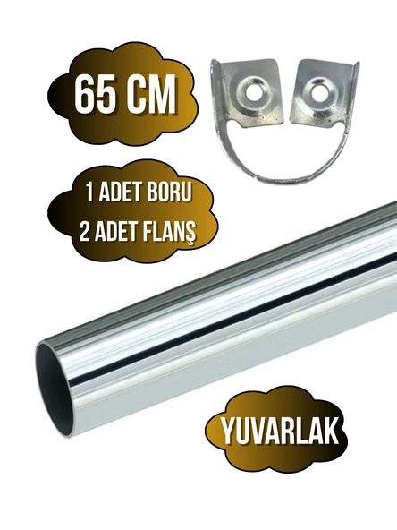 Metal Yuvarlak Krom Mobilya Dolap Askı Borusu(KROM)(2 ADET FLANŞ-1 ADET BORU)(ÇAP:25MM) Krom 65cm ürün görseli 1