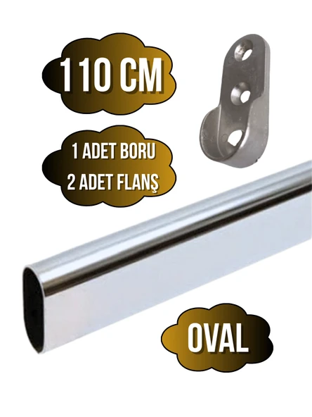 Metal Oval Krom Mobilya Dolap Askı Borusu(KROM)(OVAL)(2 ADET FLANŞ-1 ADET BORU)(BOY:30MM EN:15MM) Krom 110cm ürün görseli 1