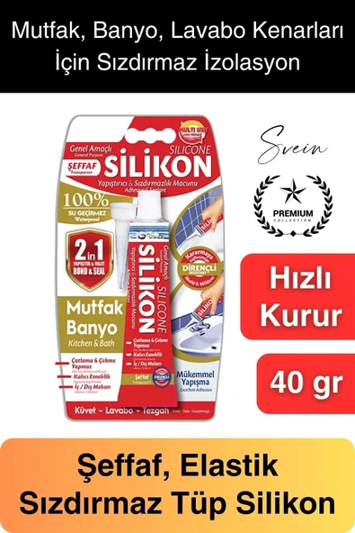 Premium 40 gr Üniversal Sızdırmaz Şeffaf Tüp Silikon Mutfak Banyo Küvet Kenarı Elastik İzolasyon - 1
