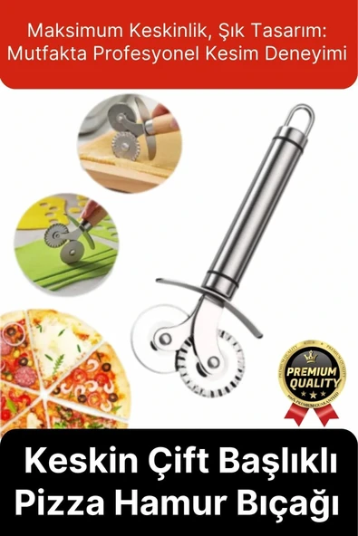 Premium Seri Paslanmaz Çelik Keskin Şekillendirici Kesici Çift Başlıklı Pizza Mantı Hamur Bıçağı - 1