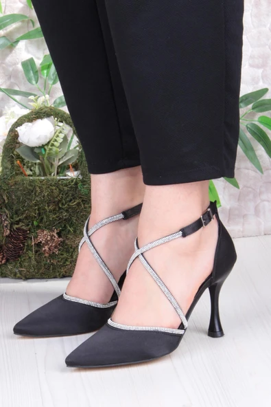 Fort 35693 Saten Çapraz Bantlı Biye Taşlı Topuklu Abiye Ayakkabı Kadın Ayakkabı - Resim 2