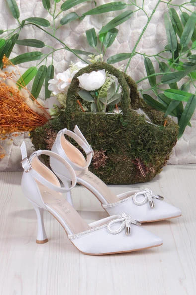 Fort 35695 Saten Fiyonklu Biye Taşlı Topuklu Abiye Ayakkabı Kadın Ayakkabı - 12