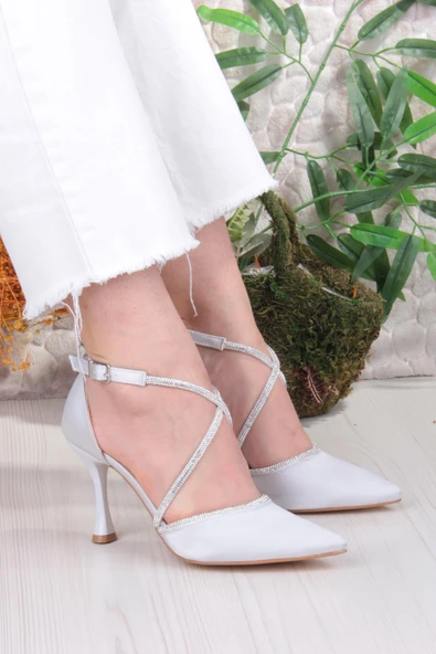 Fort 35693 Saten Çapraz Bantlı Biye Taşlı Topuklu Abiye Ayakkabı Kadın Ayakkabı - Resim 8