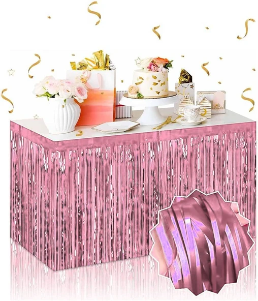 Kendinden Yapışkanlı Rose Gold Metalize Püsküllü Masa Eteği - 75 x 275 cm Parti Süslemesi - 1