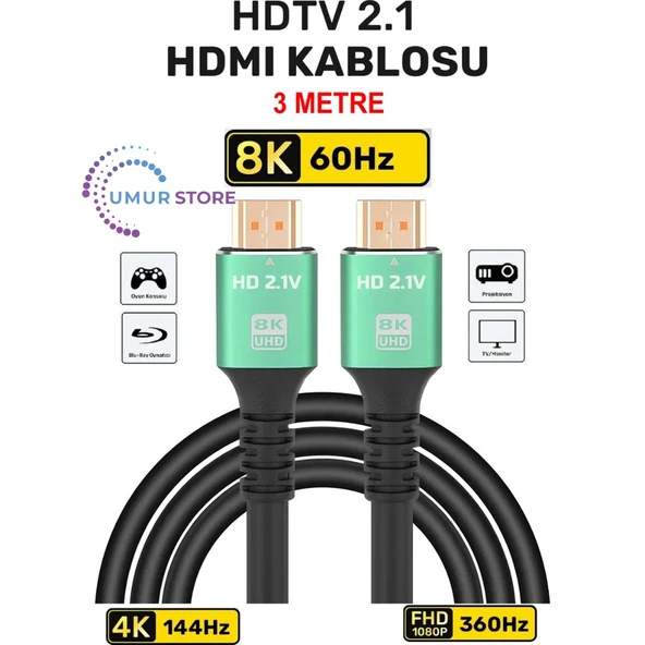 HDMI 2.1 Kablo 8K Ultra Hdtv 3 Metre, 8k 60Hz, 4K 120Hz, 7680P Hdr 2.1V 48GBS Görüntü Kablosu ürün görseli 1