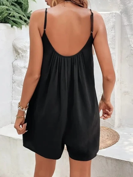 Kadın Ip Askılı Yuvarlak Yakalı Pileli Viskon Tulum - Resim 3