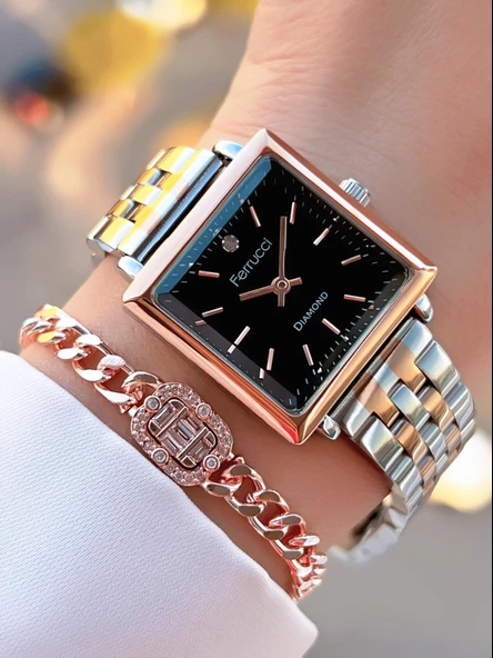 Ferrucci Kristal Camlı Çelik Kordon 2 Yıl Garantili 3 Atm Kadın Kol Saati+Bileklik NS.FRC.0041.L4 - Resim 2