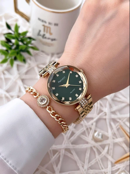 Ferrucci Kesme Kristal Camlı Çelik Kordon 2 Yıl Garantili 3 Atm Kadın Kol Saati+Bileklik B01119.03 - Resim 2