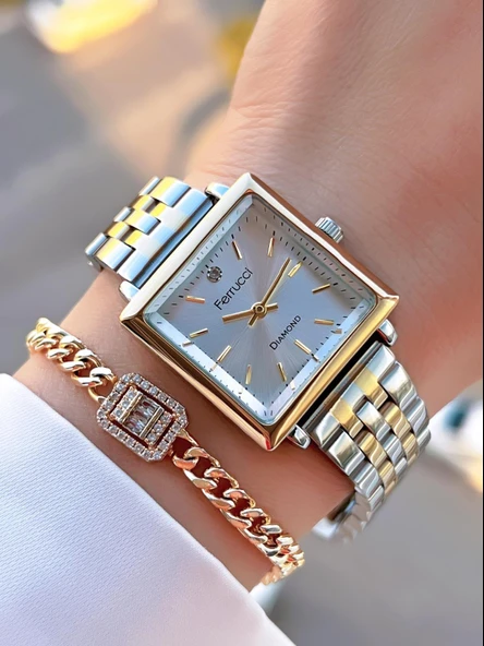 Ferrucci Kristal Camlı Çelik Kordon 2 Yıl Garantili 3 Atm Kadın Kol Saati+Bileklik NS.FRC.0041.L4 - Resim 2