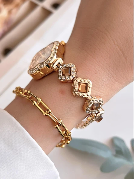 Coliseum Özel Tasarım Vintage Seri Full Taşlı Kadın Kol Saati+Bileklik Hediyeli CL8751.L01 - 3