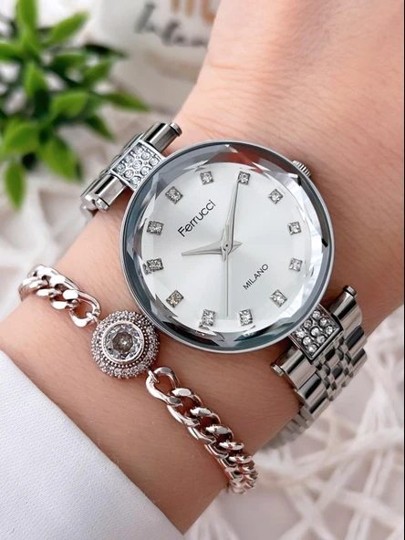 Ferrucci Kesme Kristal Camlı Çelik Kordon 2 Yıl Garantili 3 Atm Kadın Kol Saati+Bileklik B01119.01 ürün görseli