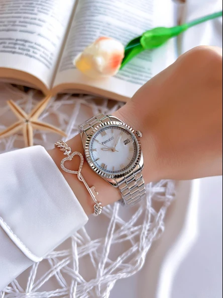 Ferrucci Çelik Kordon Takvimli Kadran 30 Mt Suya Dayanıklı Kadın Kol Saati+Bileklik BGF.1.13016.1 - Resim 2