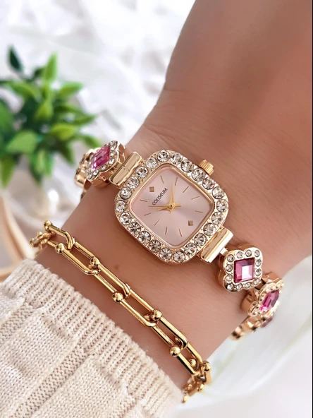 Coliseum Özel Tasarım Taşlı Kasa Ve Kordon Vintage Seri Kadın Kol Saati+ Bileklik Hediyeli CL8712.T3 ürün görseli