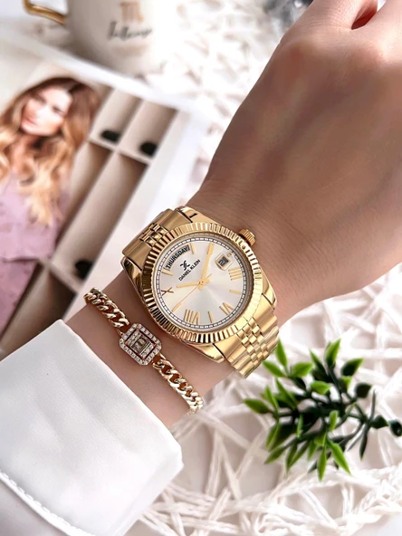 Daniel Klein Çelik Kordon Takvimli Kadran 30 Mt Suya Dayanıklı Kadın Kol Saati+Bileklik BFG.10038.G2 - Resim 2