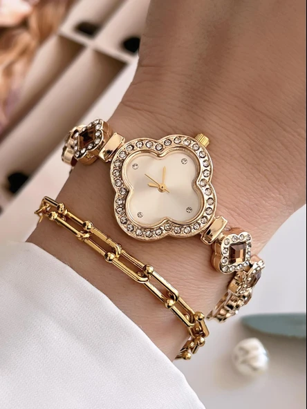 Coliseum Özel Tasarım Vintage Seri Full Taşlı Kadın Kol Saati+Bileklik Hediyeli CL8751.L01