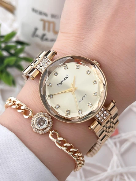Ferrucci Kesme Kristal Camlı Çelik Kordon 2 Yıl Garantili 3 Atm Kadın Kol Saati+Bileklik B01119.02 ürün görseli