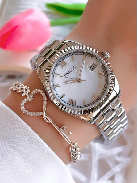 Ferrucci Çelik Kordon Takvimli Kadran 30 Mt Suya Dayanıklı Kadın Kol Saati+Bileklik BGF.1.13016.1 ürün görseli