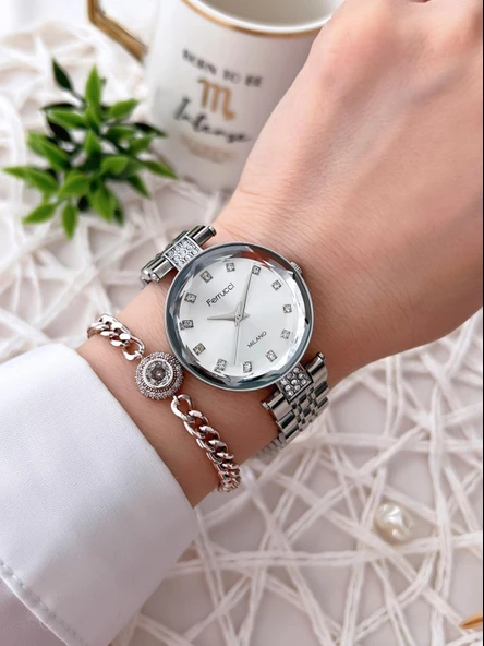 Ferrucci Kesme Kristal Camlı Çelik Kordon 2 Yıl Garantili 3 Atm Kadın Kol Saati+Bileklik B01119.01 - Resim 2