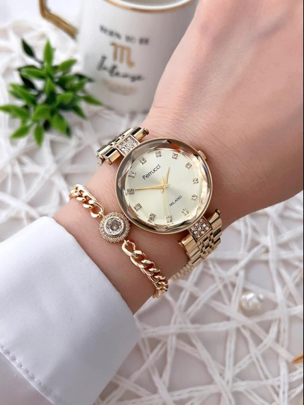 Ferrucci Kesme Kristal Camlı Çelik Kordon 2 Yıl Garantili 3 Atm Kadın Kol Saati+Bileklik B01119.02 - Resim 2