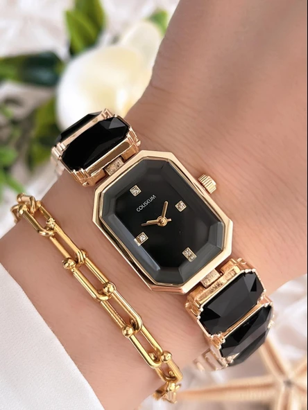 Coliseum Özel Tasarım Vintage Seri Taşlı Kordon Model Kadın Kol Saati+Bileklik Hediyeli CL8888.S07 ürün görseli