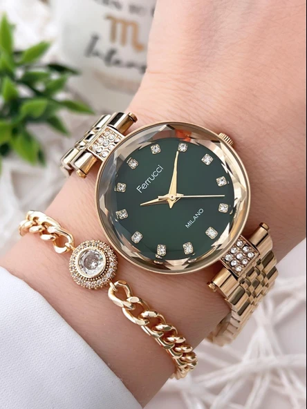 Ferrucci Kesme Kristal Camlı Çelik Kordon 2 Yıl Garantili 3 Atm Kadın Kol Saati+Bileklik B01119.03 ürün görseli