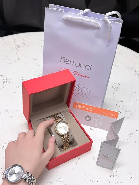 Ferrucci Kesme Kristal Camlı Çelik Kordon 2 Yıl Garantili 3 Atm Kadın Kol Saati+Bileklik B01119.02 - Resim 4
