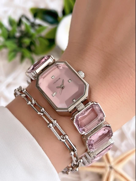 Coliseum Özel Tasarım Vintage Seri Taşlı Kordon Model Kadın Kol Saati+Bileklik Hediyeli CL8888.S06 - 2