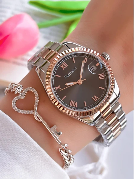 Ferrucci Çelik Kordon Takvimli Kadran 30 Mt Suya Dayanıklı Kadın Kol Saati+Bileklik BGF.1.13016.4 ürün görseli