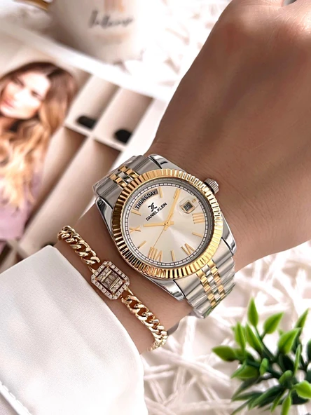 Daniel Klein Çelik Kordon Takvimli Kadran 30 Mt Suya Dayanıklı Kadın Kol Saati+Bileklik BFG.10038.G3 - Resim 2