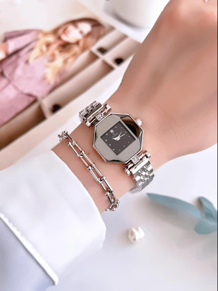 Coliseum Özel Tasarım Vintage Seri Aynalı Kasa Kadın Kol Saati+Bileklik Hediyeli CL8645.A02 - Resim 2