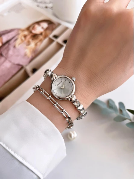 Coliseum Özel Tasarım Vintage Seri Taşlı Kordon Model Kadın Kol Saati+Bileklik Hediyeli CL8745.C04 - Resim 2